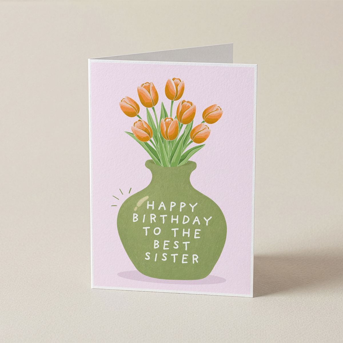 Happy Birthday to the Best Sister greeting card featuring a green vase with orange tulips on a pink background